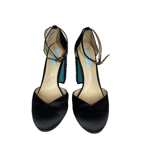 Blue by Betsey Johnson Embellished Black Silk Strap Block Heel Sybil Women's 6 - Picture 3 of 9